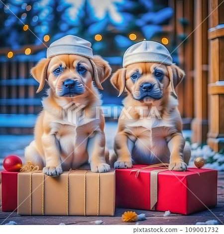Cute babies, dogs and puppies with gifts on a festive background. Christmas background with cute animals 109001732