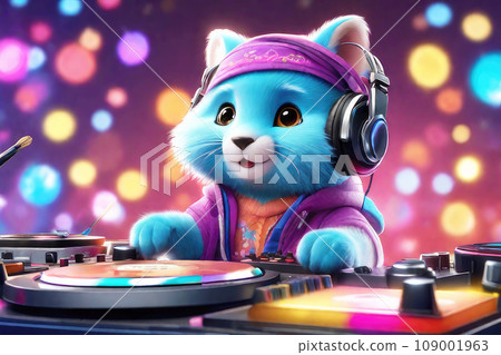 Portrait adorable animal DJ at the disco on headphones with mixing table setup. Cartoon animation character, anime style, 3d illustration. 109001963