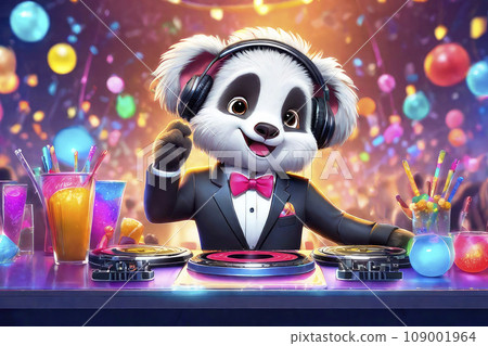 Portrait adorable animal DJ at the disco on headphones with mixing table setup. Cartoon animation character, anime style, 3d illustration. 109001964