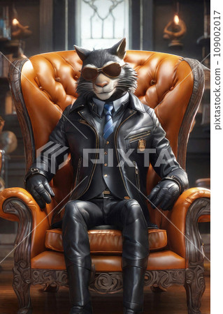 Animal portrait with human body sitting in a chair, big boss. Cartoon animation character, anime style, 3d illustration. 109002017