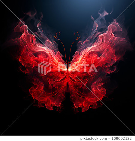Beautiful fiery red butterfly blur on black background, color transitions and swirls, beautiful unusual wallpaper, creative background 109002122