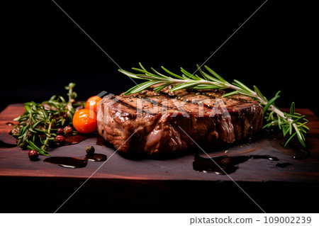A Juicy medium beef ribeye steak is being soaked in sauce and herbs on black background 109002239