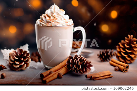 A white coffee with whipped cream in ceramic cup sitting on a black table and bokeh backdrop. Autumn and Winter mood concept. Festive atmosphere and relax time A white coffee with whipped cream in ceramic cup sitting on a black table and bokeh backdrop. Autumn and Winter mood concept. Festive atmosphere and relax time 109002246