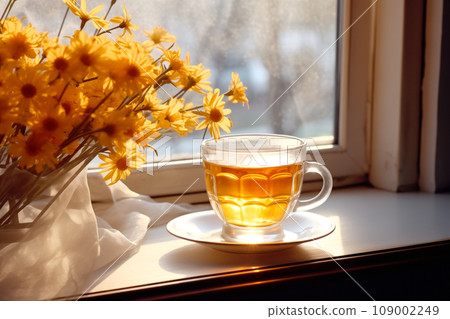 A glass of hot herbal tea on a saucer in a window sill next to a flowers. Warm home sunny atmosphere 109002249