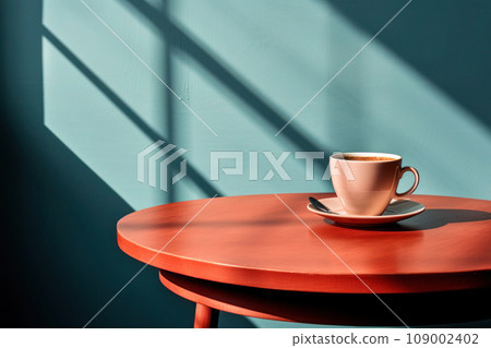Cup of coffee on table with morning sunlight. Generative AI Cup of coffee on table with morning sunlight. Generative AI 109002402