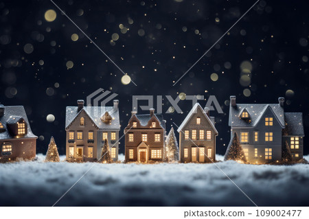 Snowy toy houses with blurred garland lights. Generative AI Snowy toy houses with blurred garland lights. Generative AI 109002477
