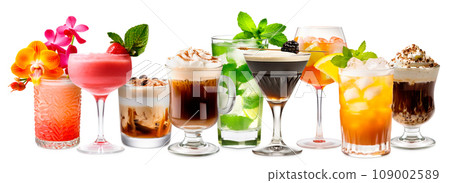 Set and collection of classic alcohol cocktails or mocktail isolated on white background with fresh summer fruits 109002589