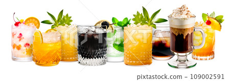 Set and collection of classic alcohol cocktails or mocktail isolated on white background with fresh summer fruits 109002591