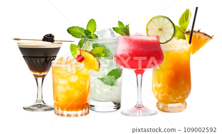Set and collection of classic alcohol cocktails or mocktail isolated on white background with fresh summer fruits 109002592