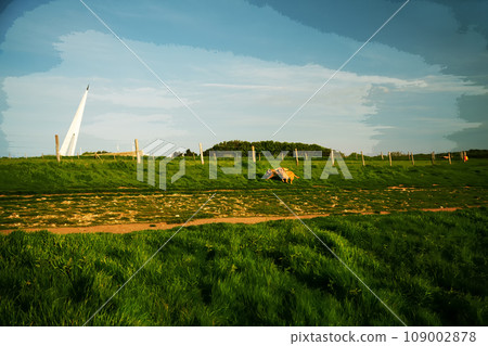 Dogs running on Normandian coastline . Behind (not in frame)  woman owner 109002878