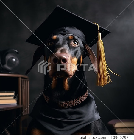 Doberman dog in a black academic cap, unusual cute portrait, funny pet	 109002921