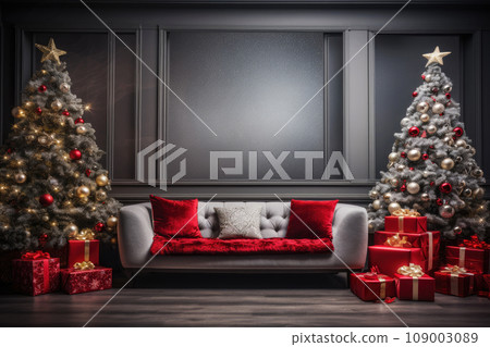 Christmas background with Christmas tree, gifts and sofa against a wall 109003089