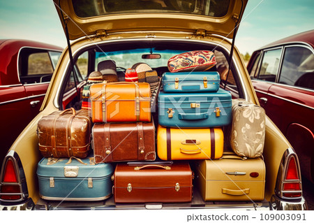Retro car with luggage in trunk. Suitcases and bags in trunk of car 109003091