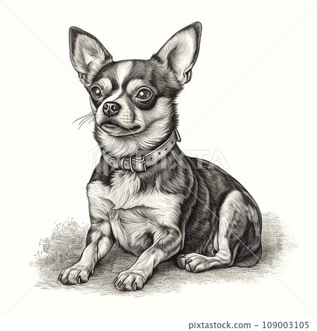 Chihuahua, engraving style, close-up portrait, black and white drawing, cute dog, favorite pet 109003105