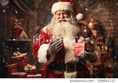 Cheerful Santa Claus with gift boxes on Christmas background 109003115