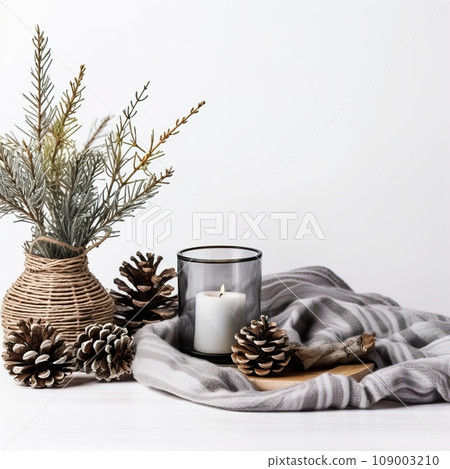 Holiday Christmas decor arrangement with candles and fir branches isolated on white background with copy space, winter composition for design and social media templates 109003210