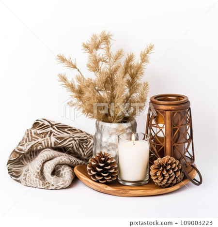 Holiday Christmas decor arrangement with candles and fir branches isolated on white background with copy space, winter composition for design and social media templates 109003223