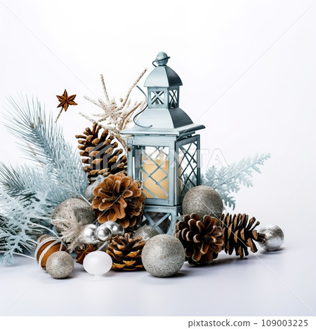 Holiday Christmas decor arrangement with candles and fir branches isolated on white background with copy space, winter composition for design and social media templates 109003225