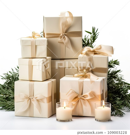 Holiday Christmas decor arrangement with candles and fir branches isolated on white background with copy space, winter composition for design and social media templates 109003228