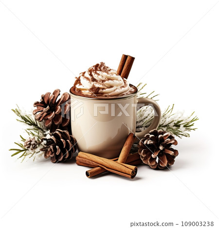 Holiday Christmas decor arrangement with candles, coffee mug and fir branches isolated on white background with copy space, winter composition for design and social media templates 109003238