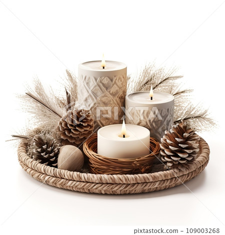 Holiday Christmas decor arrangement with candles and fir branches isolated on white background with copy space, winter composition for design and social media templates 109003268