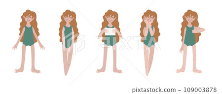 Five Irish women in swimsuits. Calm standing poses: thumbs up, piece of paper in hands. Pale freckled skin and ginger hair. Vector illustration in flat style 109003878
