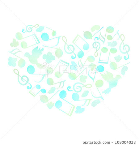 A stylish heart-shaped pattern made of blue musical notes and flowers. Watercolor illustration. A stylish heart-shaped pattern made of blue musical notes and flowers. Watercolor illustration. 109004028