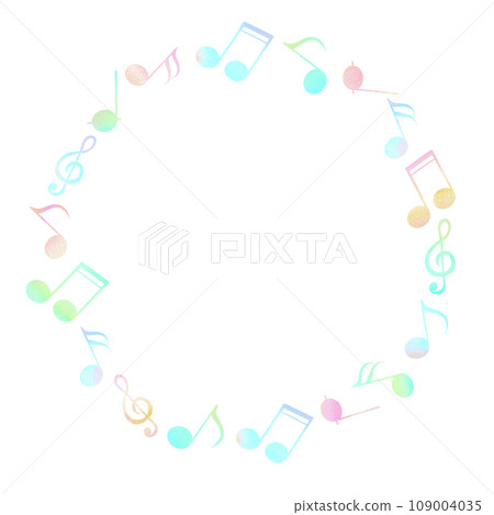 Cute round frame of colorful musical notes. Watercolor illustration. 109004035