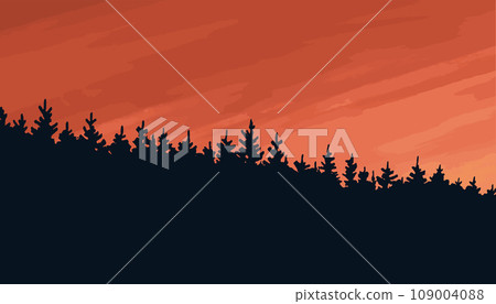 Coniferous forest silhouette on a red sky Coniferous forest silhouette on a red sky 109004088