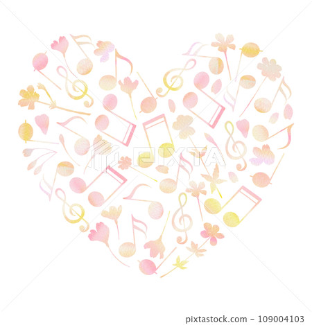 A beautiful heart-shaped pattern made of pink musical notes and flowers. Watercolor illustration. 109004103
