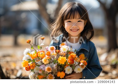 smiling girl holds large bouquet of spring flowers in her hands, idea for card for Easter holidays smiling girl holds large bouquet of spring flowers in her hands, idea for card for Easter holidays 109004143