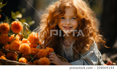 Beautiful smiling girl with basket full of spring flowers, idea for card for spring Easter holidays Beautiful smiling girl with basket full of spring flowers, idea for card for spring Easter holidays 109004144