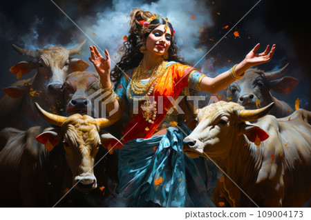 A cowherd girl dances near her herd of cows, the spring festival of colors and happiness, Holi, traveling to popular places, an idea for an advertising poster 109004173