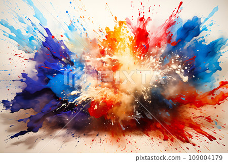 Holi powder paint splatter on a light gray background, an explosion of paint fills the message of the background Holi powder paint splatter on a light gray background, an explosion of paint fills the message of the background 109004179