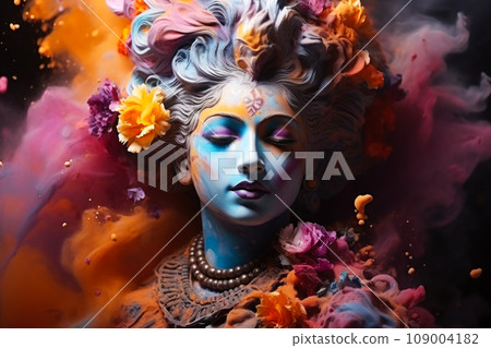 Watercolor drawing of Vishnu dancing in a cloud of colored powder inside a temple during Holi celebration, idea for poster or background Watercolor drawing of Vishnu dancing in a cloud of colored powder inside a temple during Holi celebration, idea for poster or background 109004182