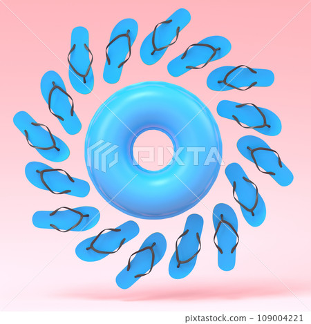 Colorful inflatable ring and flip flops like sun on pink background Colorful inflatable ring and flip flops like sun on pink background 109004221