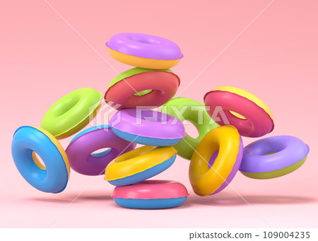 Colorful inflatable ring flying on pink background, 3D render of summer vacation 109004235