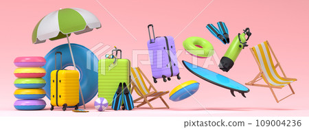 Colorful suitcase or baggage with beach accessories on pink background. Colorful suitcase or baggage with beach accessories on pink background. 109004236