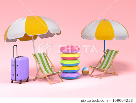 Colorful suitcase or baggage with beach accessories on pink background. Colorful suitcase or baggage with beach accessories on pink background. 109004238