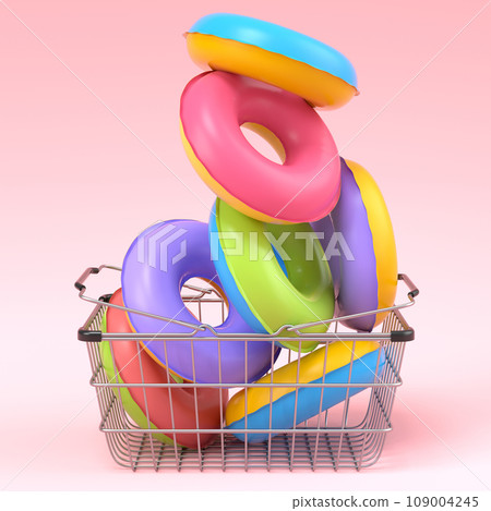 Colorful inflatable rings in shopping basket on pink background, summer vacation 109004245