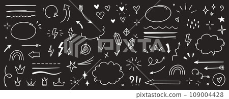 Sketch line arrow element, star, heart shape on chalkboard background. Hand drawn doodle sketch style circle, cloud speech bubble grunge element. Arrow, star, heart decoration. Vector Sketch line arrow element, star, heart shape on chalkboard background. Hand drawn doodle sketch style circle, cloud speech bubble grunge element. Arrow, star, heart decoration. Vector 109004428