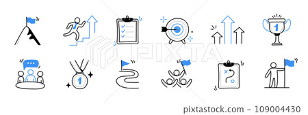Business challenge person, work opportunity doodle icon set. Hand drawn sketch career purpose, professional goal cute trendy doodle icon. Career business success concept. Vector Business challenge person, work opportunity doodle icon set. Hand drawn sketch career purpose, professional goal cute trendy doodle icon. Career business success concept. Vector 109004430