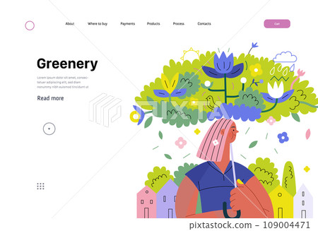 Greenery, ecology -modern flat vector concept illustration of a woman under the green lush umbrella of plants and flowers. Metaphor of environmental sustainability and protection, closeness to nature Greenery, ecology -modern flat vector concept illustration of a woman under the green lush umbrella of plants and flowers. Metaphor of environmental sustainability and protection, closeness to nature 109004471