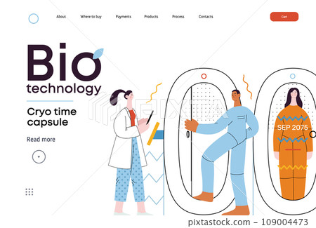 Bio Technology, Cryocapsule Time Freezer -modern flat vector concept illustration of futuristic cryocapsules resembling frozen time vaults. Metaphor of preserving life, time through cryonic technology 109004473