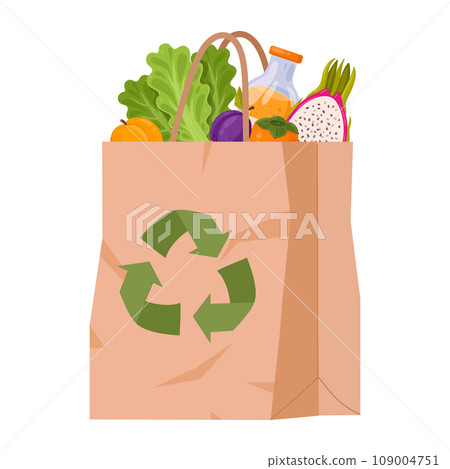 Eco shopping bag. Cartoon no waste paper bag, reusable grocery bag with vegetables and fruits flat vector illustration. Zero waste shopping bag Eco shopping bag. Cartoon no waste paper bag, reusable grocery bag with vegetables and fruits flat vector illustration. Zero waste shopping bag 109004751