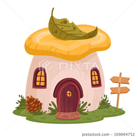 Fairy tale mushroom house. Cartoon fantasy tiny mushroom house, cute gnome or fairy home flat vector illustration. Magic forest mushroom cabin Fairy tale mushroom house. Cartoon fantasy tiny mushroom house, cute gnome or fairy home flat vector illustration. Magic forest mushroom cabin 109004752