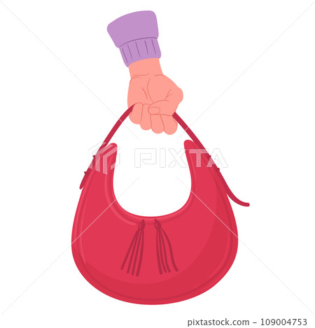 Female hand hold bag. Fashionable leather bag in hand, female palm holding casual baguette bag flat vector illustration. Red leather bag in hand 109004753