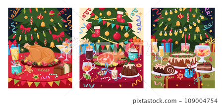 Festive Christmas table posters. Winter holidays meal, cartoon dishes on table, traditional holiday sweets and desserts flat vector illustration set. Christmas holidays cardWeb Festive Christmas table posters. Winter holidays meal, cartoon dishes on table, traditional holiday sweets and desserts flat vector illustration set. Christmas holidays cardWeb 109004754