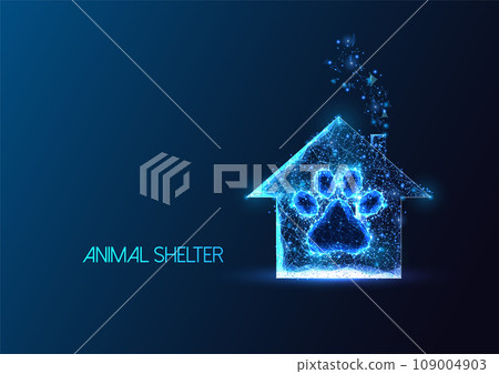 Animal shelter futuristic concept with pet paw and house symbol on dark blue background Animal shelter futuristic concept with pet paw and house symbol on dark blue background 109004903