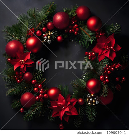 A holiday wreath with red ornaments and pine branches. 109005041